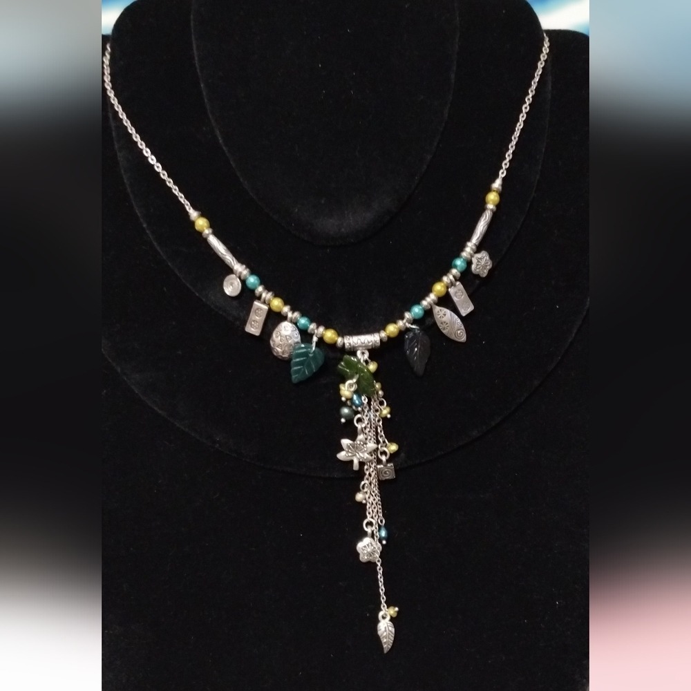 Cookie Lee Y Charm Necklace Silver Tone Beads Dangle Pendant Bohemian Style‎